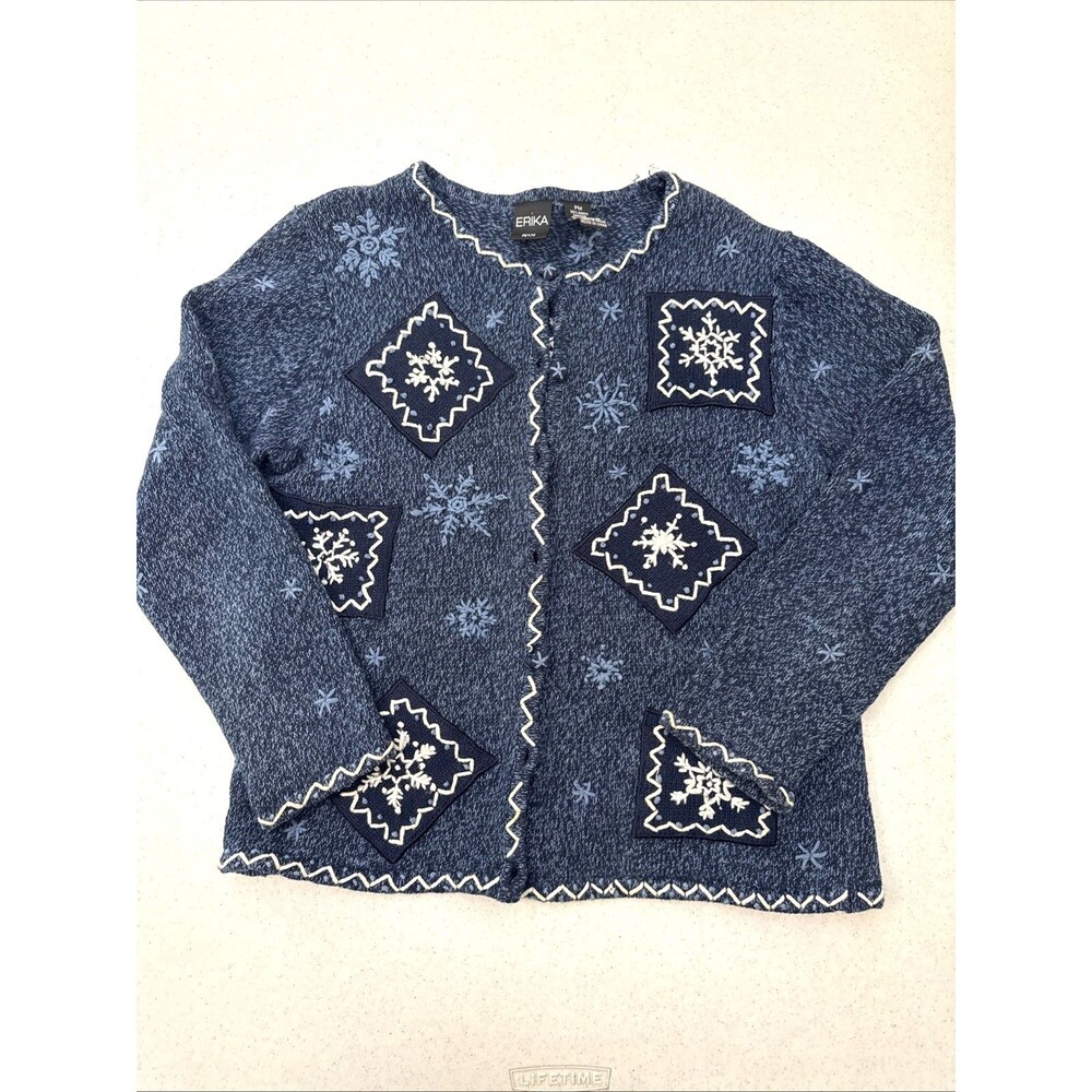 Erika Blue Winter Snowflake Design Cardigan Sweater Button Up Womens Sz PM